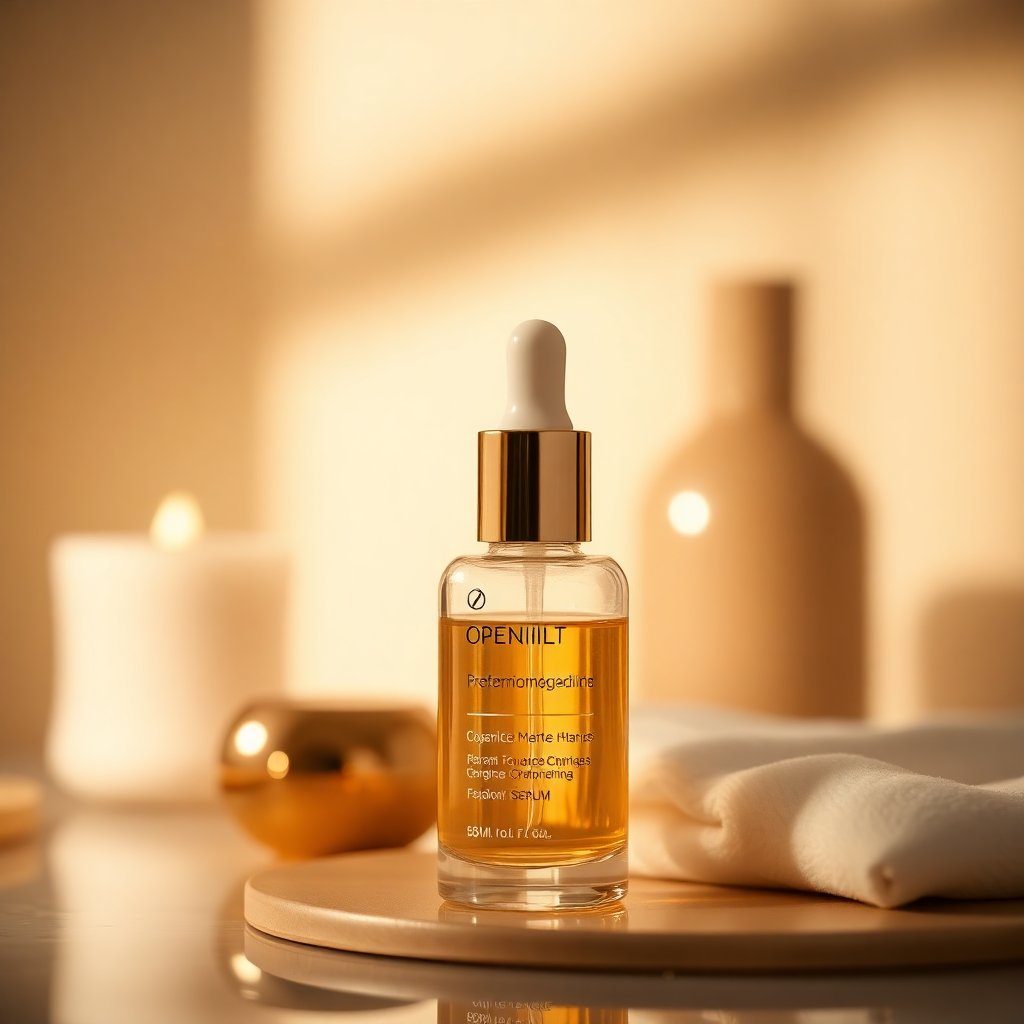 Close-up of premium cosmetic serum bottle, golden lighting, professional product photography, luxury spa atmosphere, shallow depth of field, minimalist elegant background.